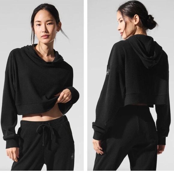 Alo Yoga Black Ribbed Knit Crop Hoodie Size Large - Picture 1 of 6